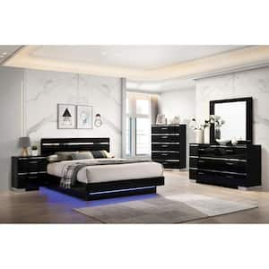 Gensley Black and Chrome Wood Frame California King Platform Bed With LED Light