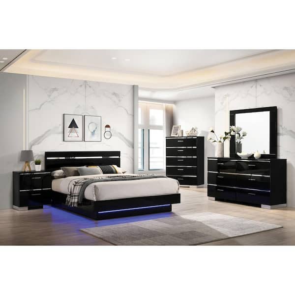Gensley 63.38 in. W Black and Chrome Wood Frame Queen Platform Bed LED Underside