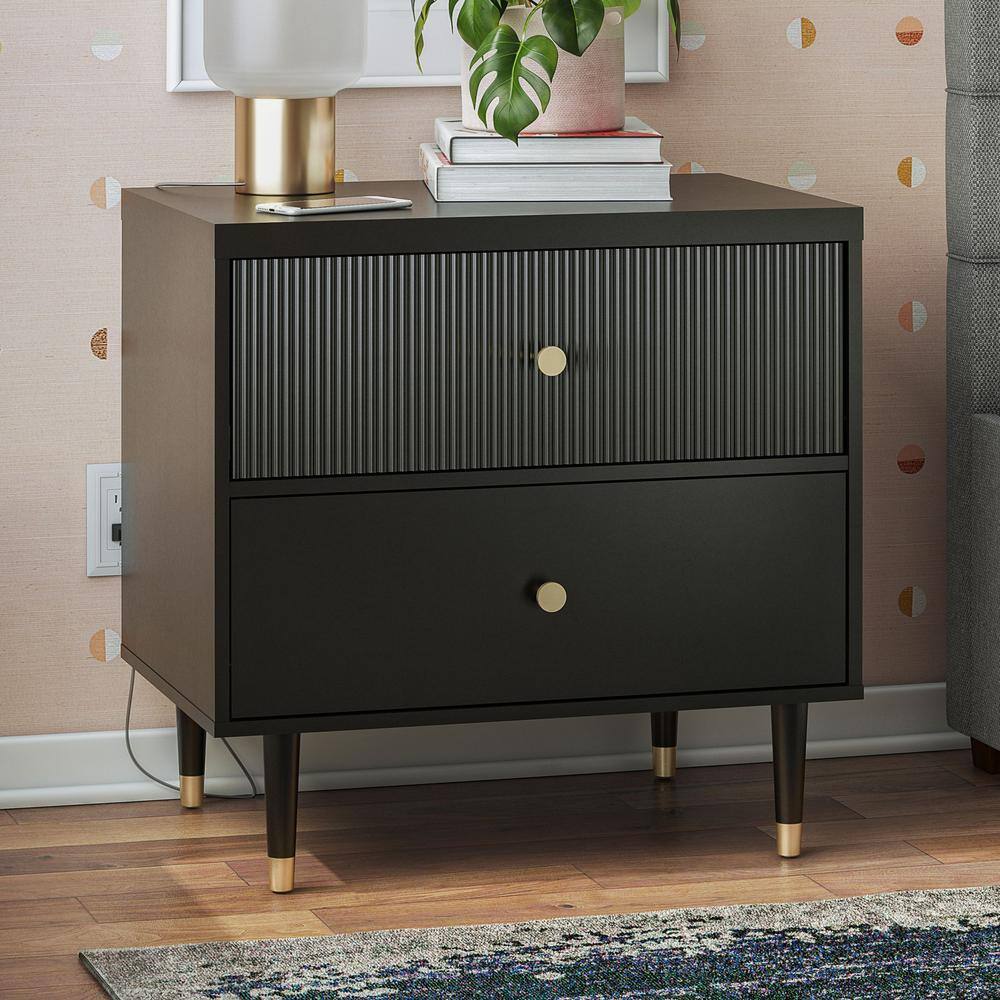 Black MDF Nightstand with Brass Handles and Ribbed Drawer
