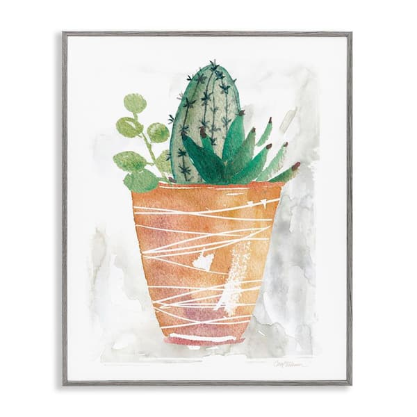 Stupell Industries Cactus and Succulent Vase by Carol Robinson Gray Framed Nature Giclee Art Print 14 in. x 11 in.