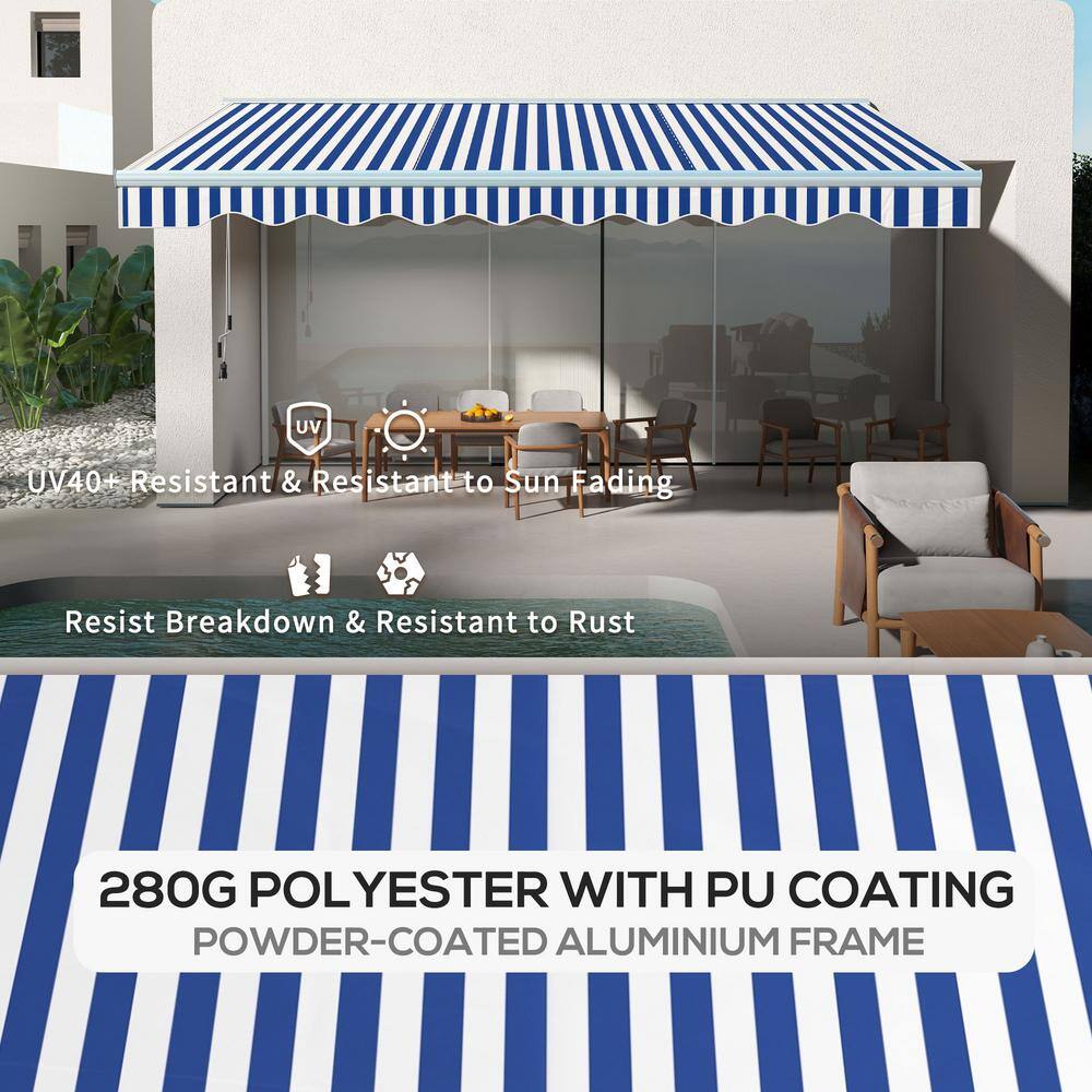 Blue and White Striped Retractable Patio Awning with LED Lights