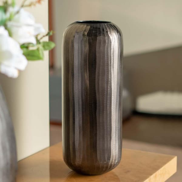 Unbranded 17 in. Silver Grey Aluminum Vertical Chisel Design Decorative Vase, Minimalist Tall Vase for Home Decor, Shelf Decor
