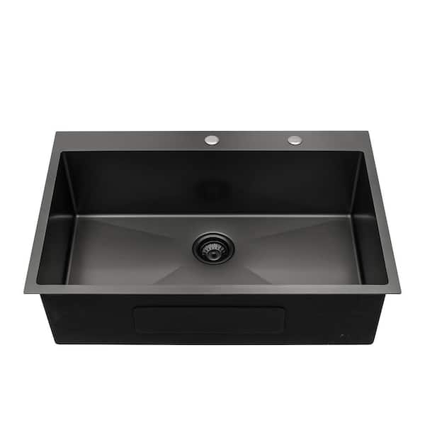 Loile 30 in. L Drop In Single Bowl 16 Gauge Gunmetal Black Stainless Steel Kitchen Sink with Grid, Rack and Strainer