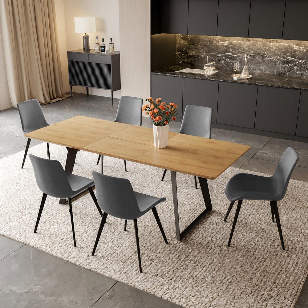 7-Piece Set of Gray Chairs and Oak Rectangular Retractable Dining Table with Carbon Steel Legs and 6 Modern Chairs -  GOJANE, W9030440LWY