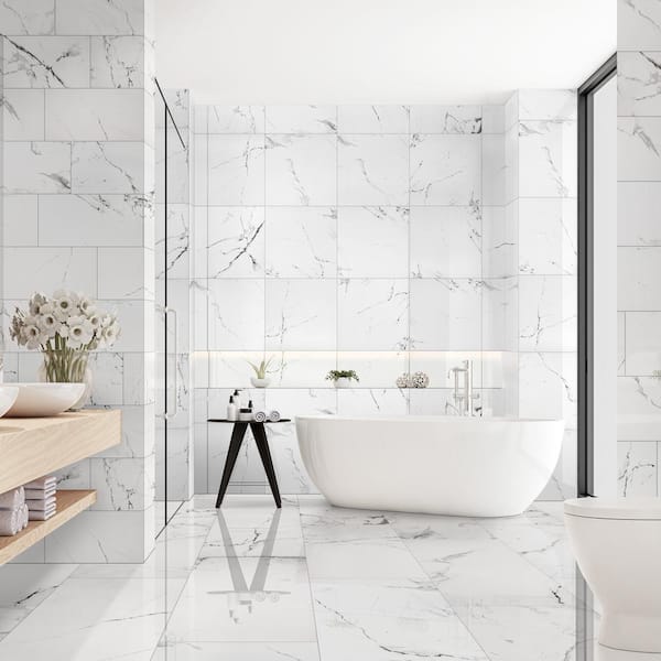 Carrara 24 in. x 48 in. Polished Porcelain Floor and Wall Tile (16 sq. ft./Case) Carrara 24 in. x 48 in. Polished Porcelain Floor and Wall Tile (16 sq. ft./Case)