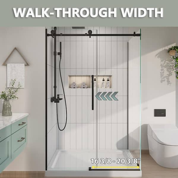 Modern 44-48 in. W x 32.25 in. D x 72 in. H Frameless Corner Sliding Shower Door Enclosure in Matte Black Clear Glass