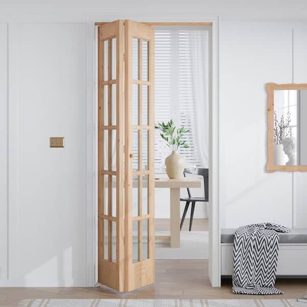 30 in. x 96 in. Unfinished Clear Glass Solid Core Wood Spruce Brown French Bi-Fold Door with Hardware