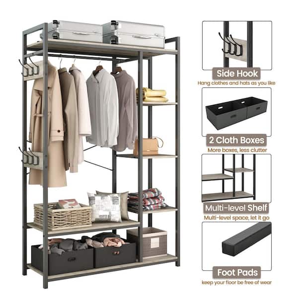 Standing Closet Organizer with Storage Box & Side Hook, Portable Garment  Rack with 6 Shelves and Hanging Rod, Hanging Closet Shelves