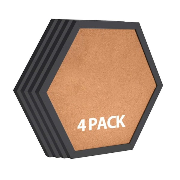 Unbranded 4 Pack Hexagon 13.5x11 Inch Framed Cork Bulletin Board Tiles with 16 Push Pin Wood Clips Black Thick Display Board