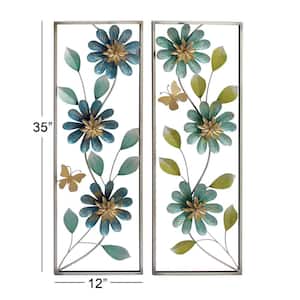 Metal Green Floral Wall Decor with Gold Frame (Set of 2)