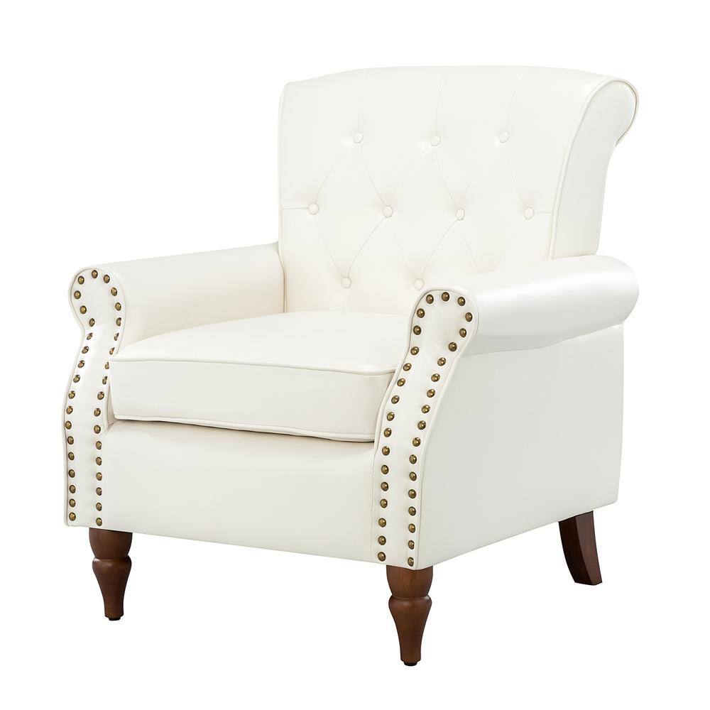 Ivory Faux Leather Accent Chair with Nailhead Trim and Wood Legs