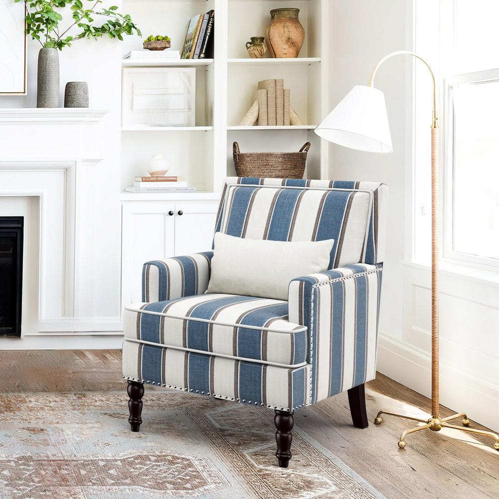 35 in. Blue White Stripe Fabric Traditional Accent Arm Chair with Wood Frame and Nailhead Trim (Set of 1) price history on PriceWatchPro