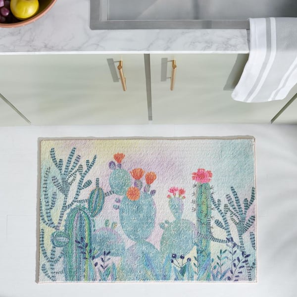 Door And Kitchen Mat Fuchsia/Turquoise 2 ft. x 4 ft. Machine Washable Desert Garden Area Rug