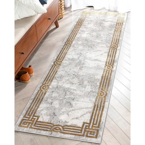 Fairmont Ivory 2 ft. 3 in. x 7 ft. 3 in. Huntington Retro Glam Marble Geometric Runner Area Rug