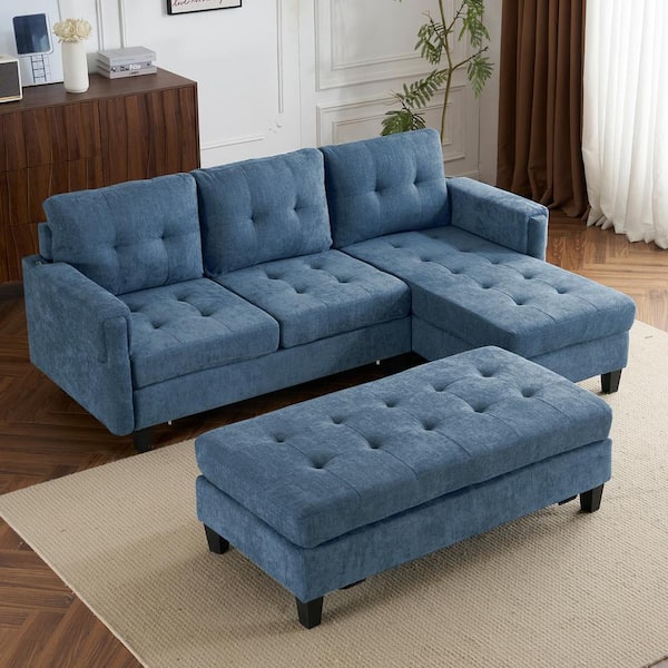 83.4 in. L-Shaped Chenille Sectional Sofa in. Navy Blue with 2 USB Ports and a Reversible Chaise Lounge