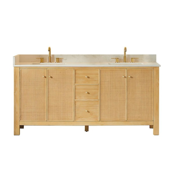 Cedar 72 in. Double Freestanding Natural Wood Bath Vanity with Grain White Engineered Stone Top Assembled