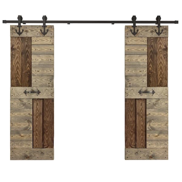 COAST SEQUOIA INC S Series Embossing 60 in. x 84 in. Dark Walnut/Aged Barrel DIY Knotty Wood Double Sliding Door with Hardware Kit