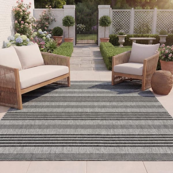 Beach House Gray/Charcoal 8 ft. x 10 ft. Striped Indoor/Outdoor Area Rug