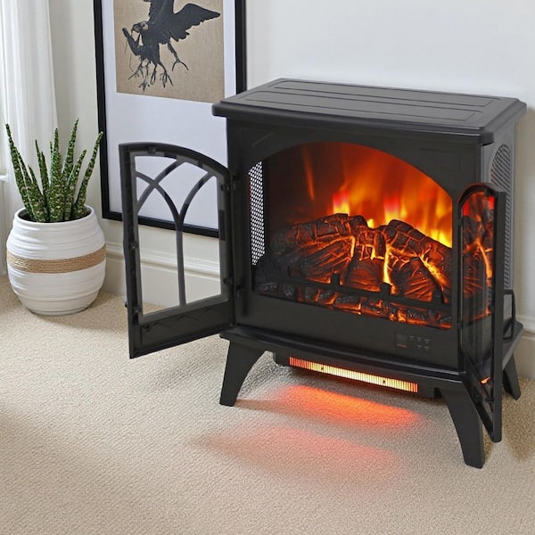 24 in. Freestanding Infrared Quartz Electric Fireplace 3D Flame Stove with Remote Control in Antique in Black