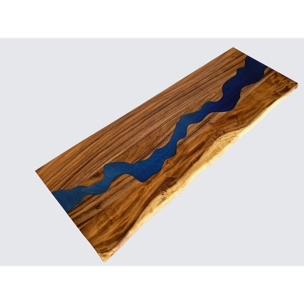 HARDWOOD REFLECTIONS 4 ft. L x 25 in. D UV Finished Saman Solid Wood Butcher Block Countertop with Live Edge and Blue Epoxy River