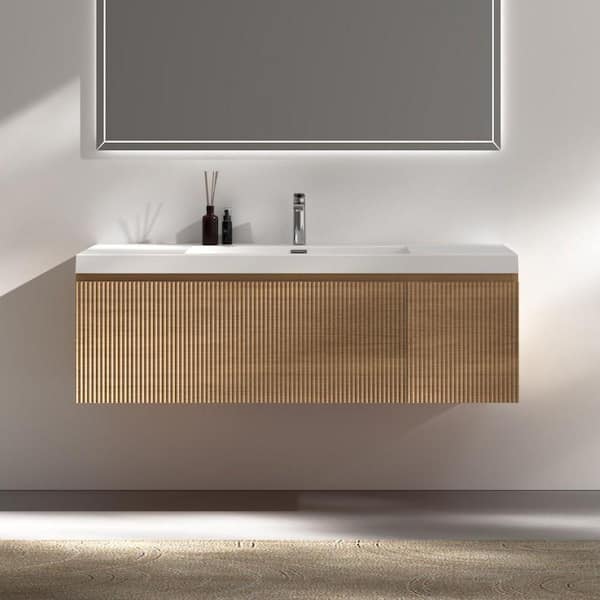48 in. W Single Sink Natural Oak Floating Bath Vanity with White Solid Surface Top