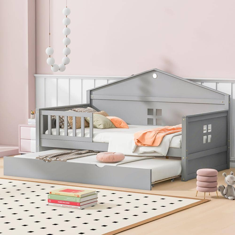 Harper & Bright Designs Gray Twin Size Wood House-shaped Daybed with a ...