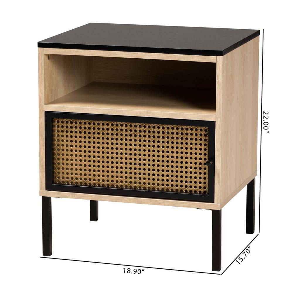 Felton Two-Tone Black Gold Metal and Light Brown Wood End Table with Storage