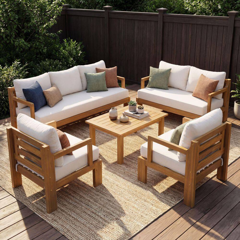 Sudzendf Natural 5-Piece Acacia Wood Patio Conversation Set with Beige ...