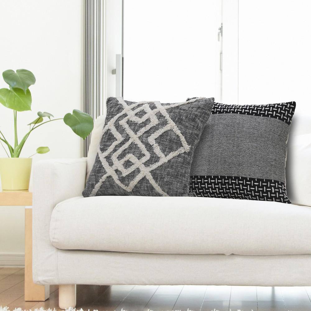 Black and Cream Tufted Geometric Diamond Square Throw Pillow, 20"