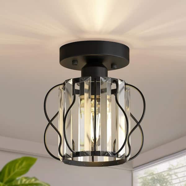 7 in. 1-Light Black Modern Crystal Mini Ceiling Light, Round Clear Shade Flush Mount Chandelier for Entryway, Hallway