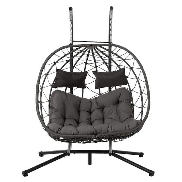 Zeus & Ruta 2-Person Metal Patio Swing Egg Chair with Stand, Dark Gray Cushion and Pillow