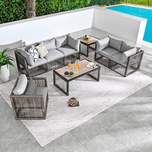 8-Piece Wicker Patio Conversation Deep Seating Set with Gray Cushions