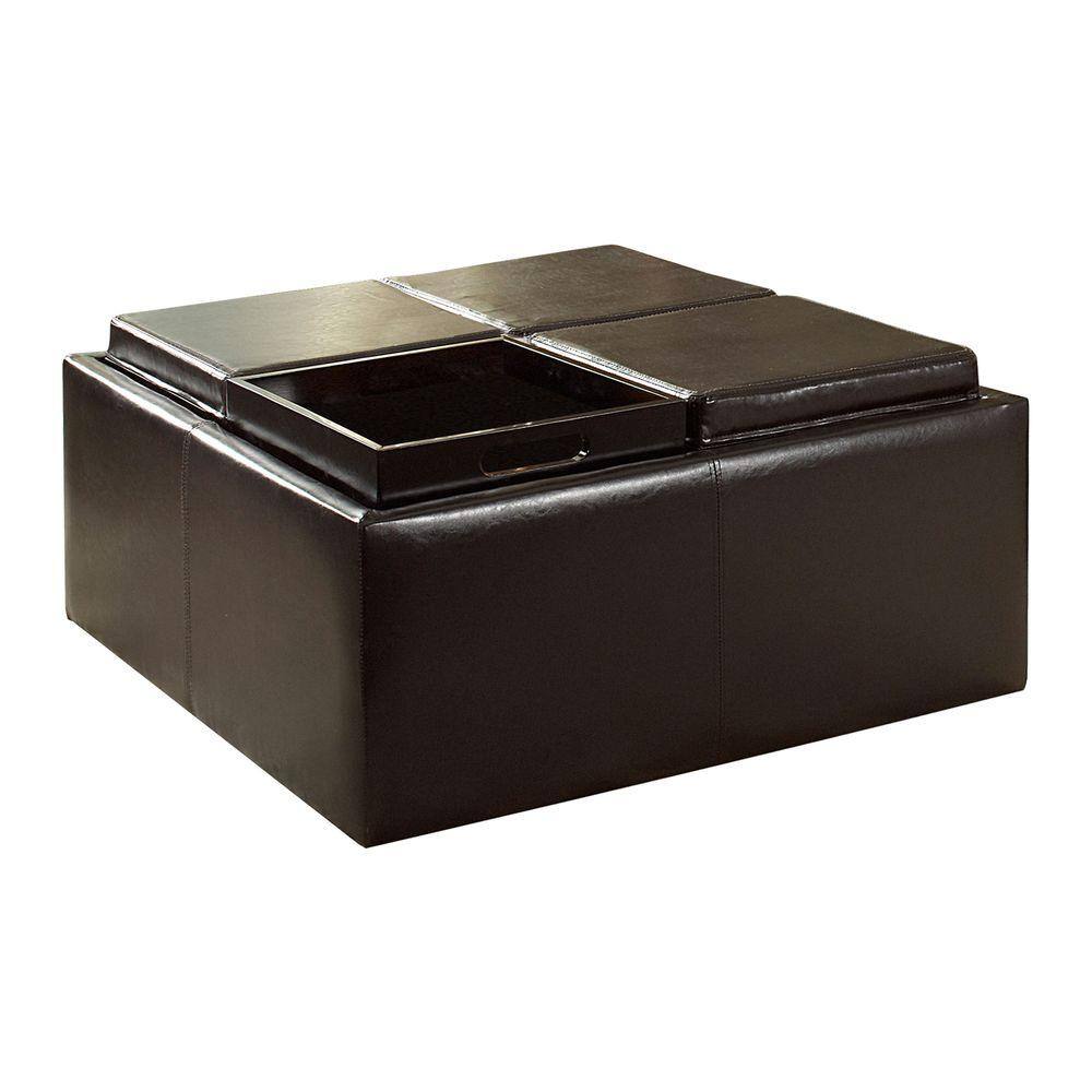 Cocktail Storage Ottoman with 4 Trays  Dark Brown Faux Leather