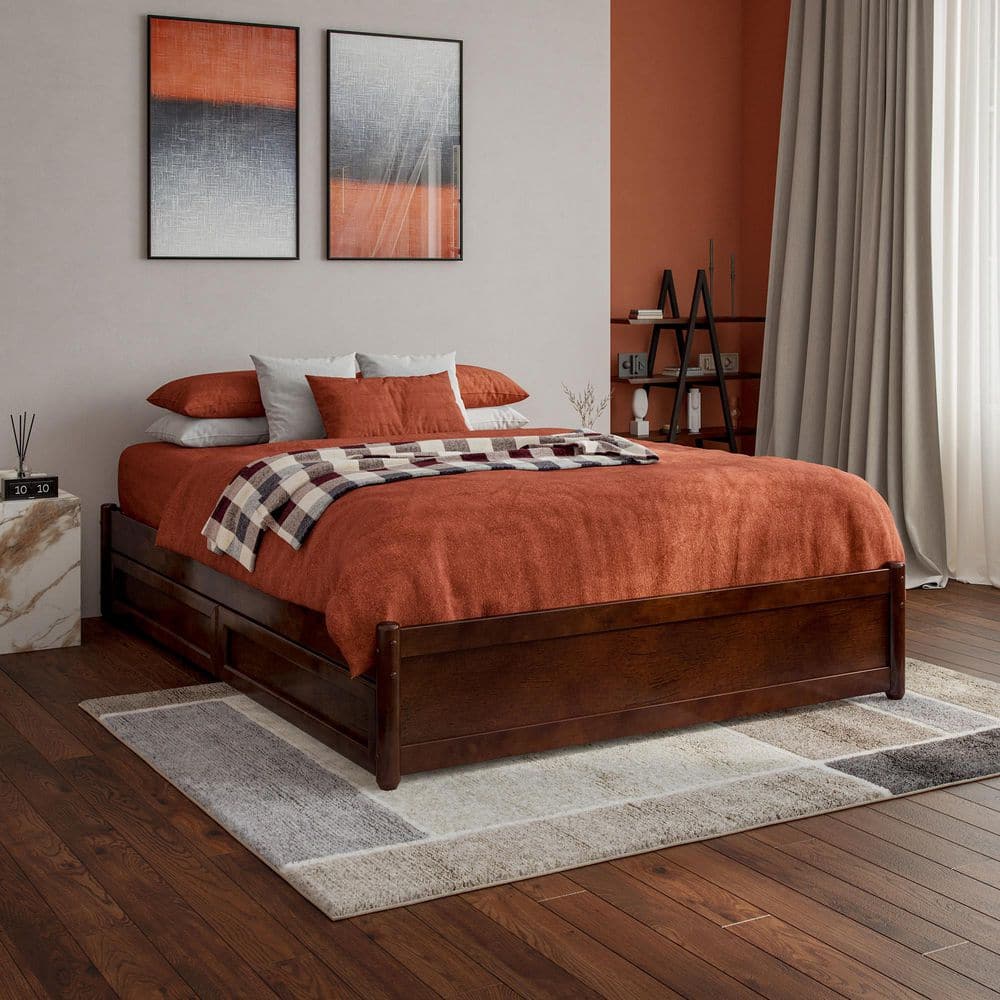 Barcelona Walnut Full Wood Panel Platform Bed with Storage Drawers