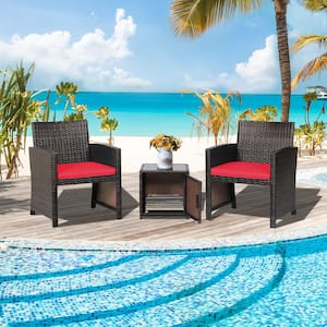 3-Piece PE Rattan Wicker Patio Conversation Set with Red Cushions, Storage Table with and Protective Cover