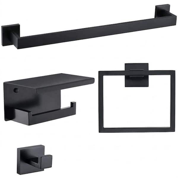 Matte Black 4-Piece Stainless Steel Bathroom Hardware Set with 23.6 in Towel Bar, Wall Mounted
