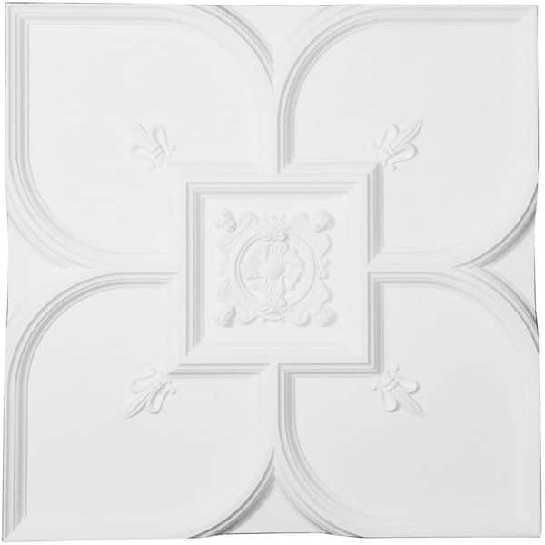 Ekena Millwork Fleur-de-lis 1.6 ft. x 1.6 ft. Glue Up or Nail Up Polyurethane Ceiling Tile in White