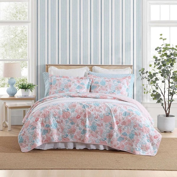 Laura Ashley Swimtime 2-Piece Pink Revesible 100% Cotton Twin Quilt Set
