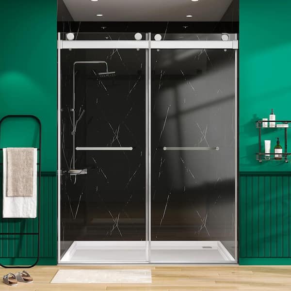 Zeafive 72 in. W x 79 in. H Glass Shower Door Frameless Bypass Double Sliding Shower Doors in Brushed Nickel 3/8" Tempered Glass