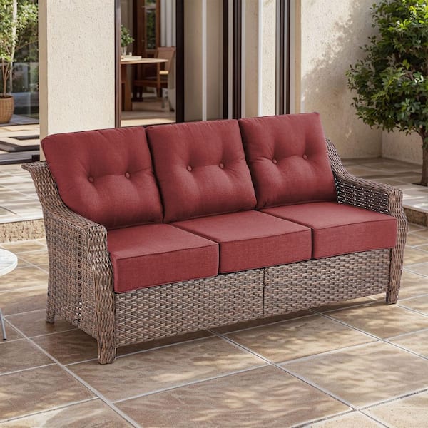 Round Side Series 3 Seat Wicker Outdoor Patio Sofa Couch with Deep Seating and Red Cushions