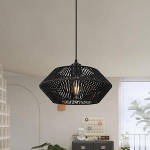 1 Light Black Metal Hanging Pendant Light with Paper Rattan Shade and Plug, No Bulbs Included