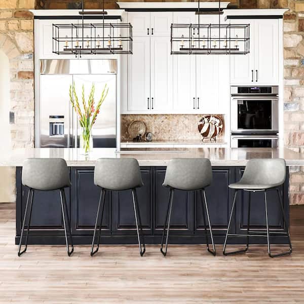 LUE BONA Alexander 24 in. Gray Faux Leather Bar Stool Low Back Metal Frame Counter Height Bar Stool (Set of 8)