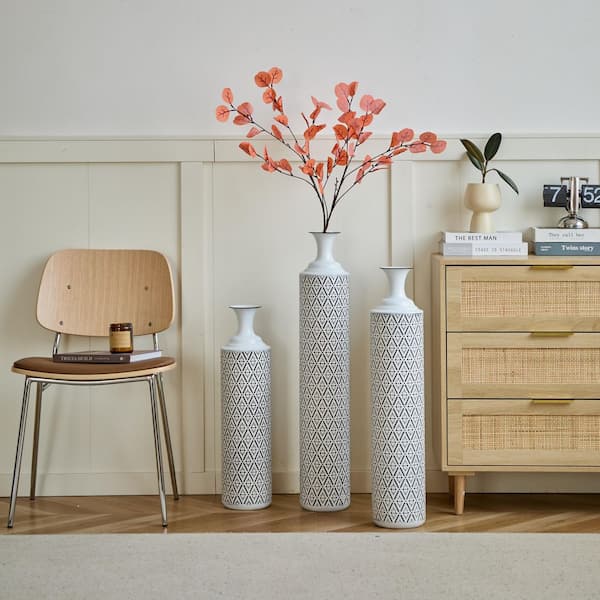 34 in. Modern Floor Vase White & Black Metal with Geometric Pattern 3-Piece Home Decor Set Decoration Large Glazed