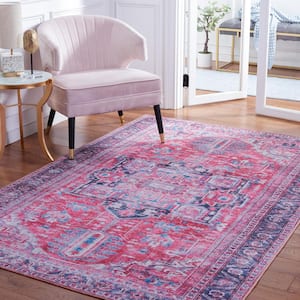 Serapi Navy/Red 4 ft. x 6 ft. Machine Washable Border Floral Area Rug