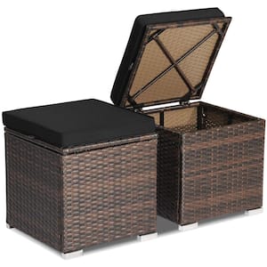 Mix Brown Wicker Outdoor Ottoman with Black Cushion (2-Pack)