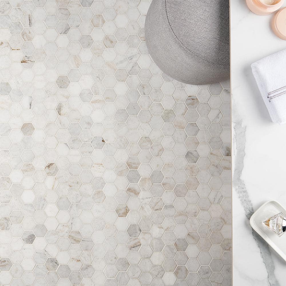 Frost White Polished Marble Hexagon Mosaic Tile 12" x 12"