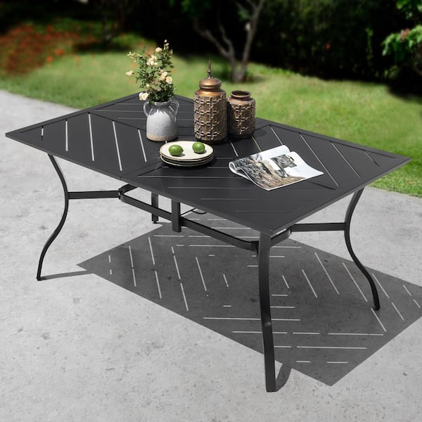 Black Rectangle Powder-Coated Iron 61 in. x 37 in. Outdoor Dining Table with Splice Tabletop and 1.77 in. Umbrella Hole