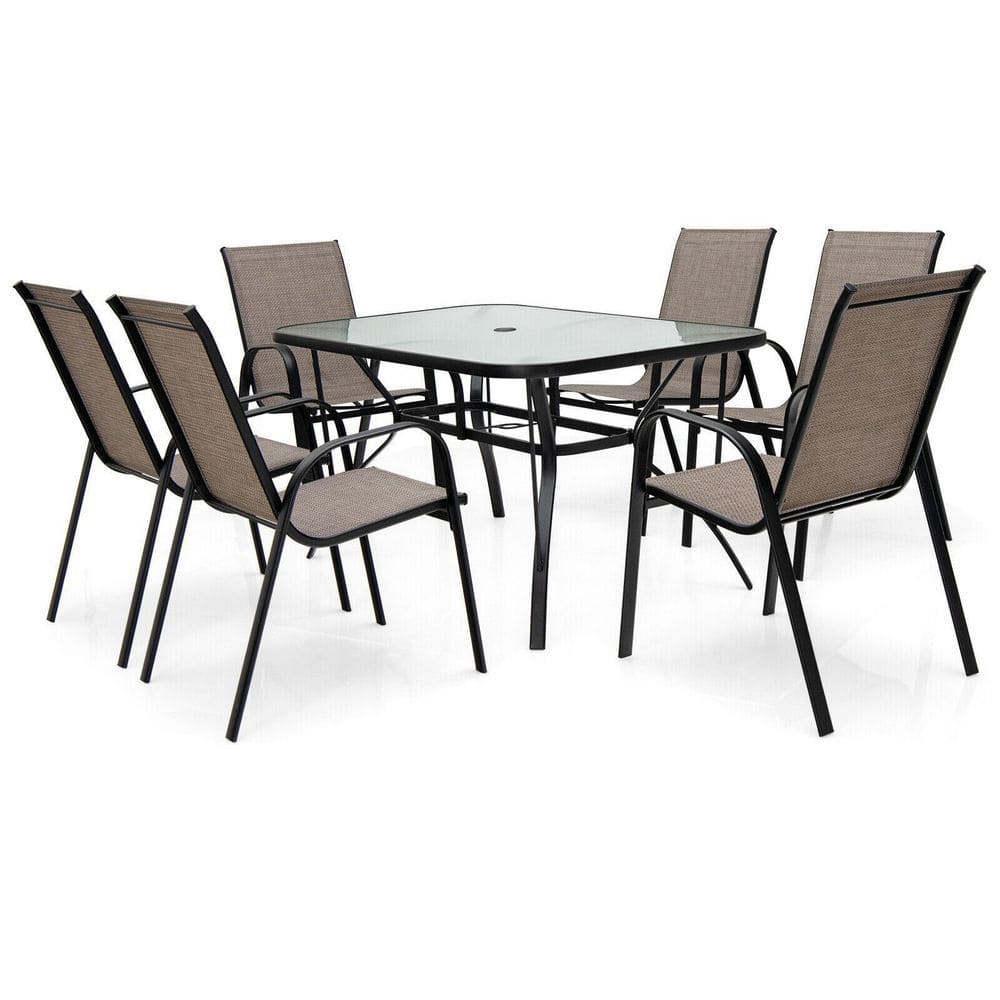 ANGELES HOME 1.5 in. 7-Piece Metal Outdoor Dining Set, 6 Stackable Sling Chairs, Tempered Glass Dining Table with Umbrella Hole -  M0407+8NP1
