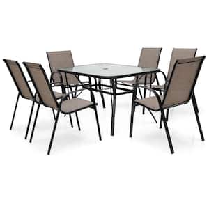 1.5 in. 7-Piece Metal Outdoor Dining Set, 6 Stackable Sling Chairs, Tempered Glass Dining Table with Umbrella Hole