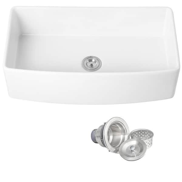 White Fireclay 33 in. Single Bowl Apron-Front Kitchen Sink with Basket Strainer